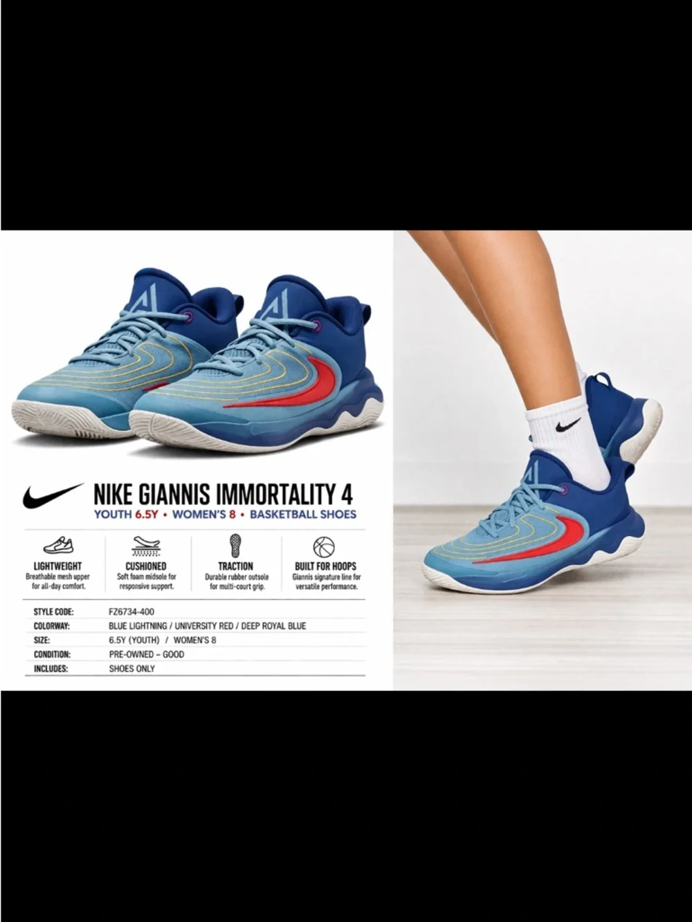 Nike Giannis Immortality 4 Blue Red Youth 6.5Y Women’s 8 Basketball Sneakers - Picture 2 of 8